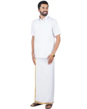 RAMRAJ COTTON half sleeve solid white shirt with gold jari border dhoti